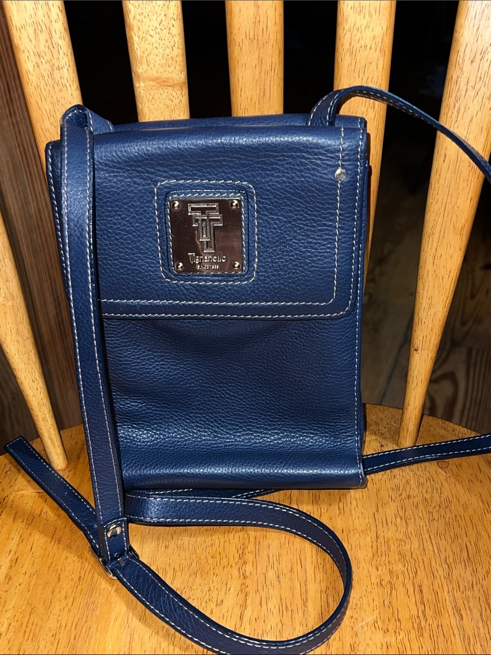 Tignanello Navy Blue Pebbled Leather Crossbody with Silver Plaque